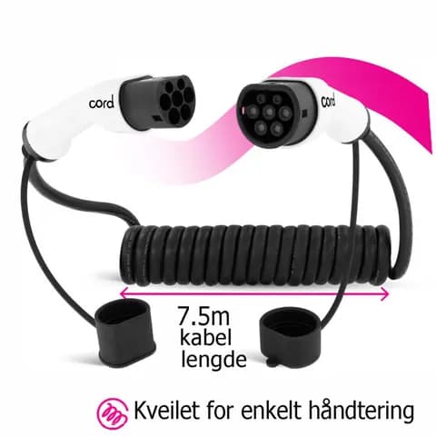 Cord EV Type 2 spiral ladekabel 7,5 meter 32A / 22kW / 3-fas