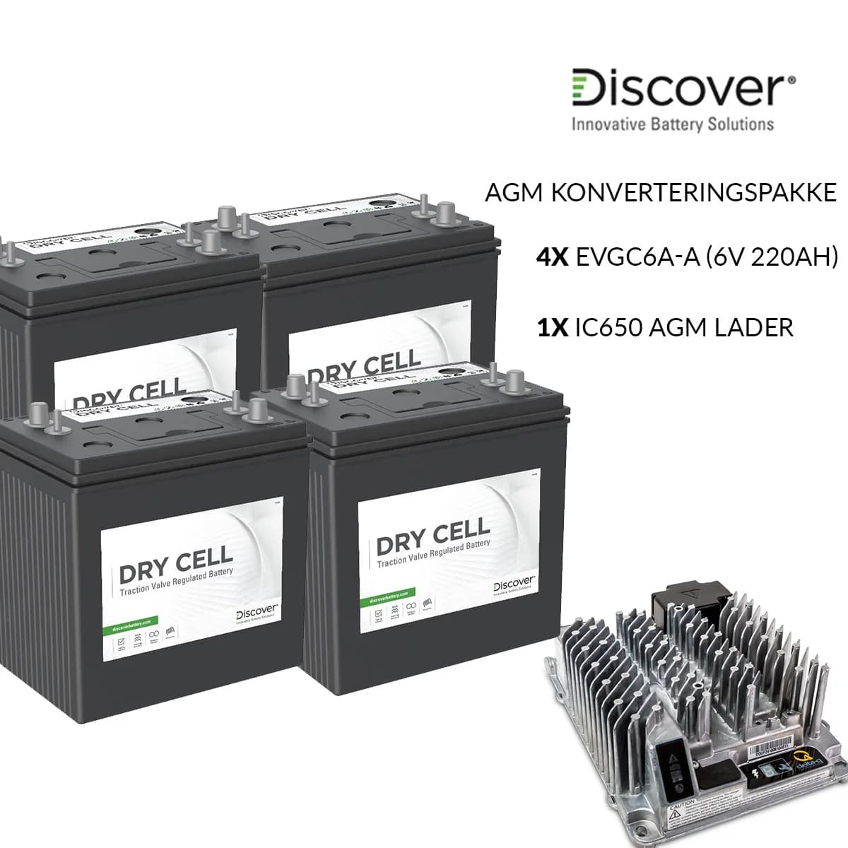 4x Discover EVGC6A-A (6V-220Ah) + 1x Delta-Q IC650 AGM blylader